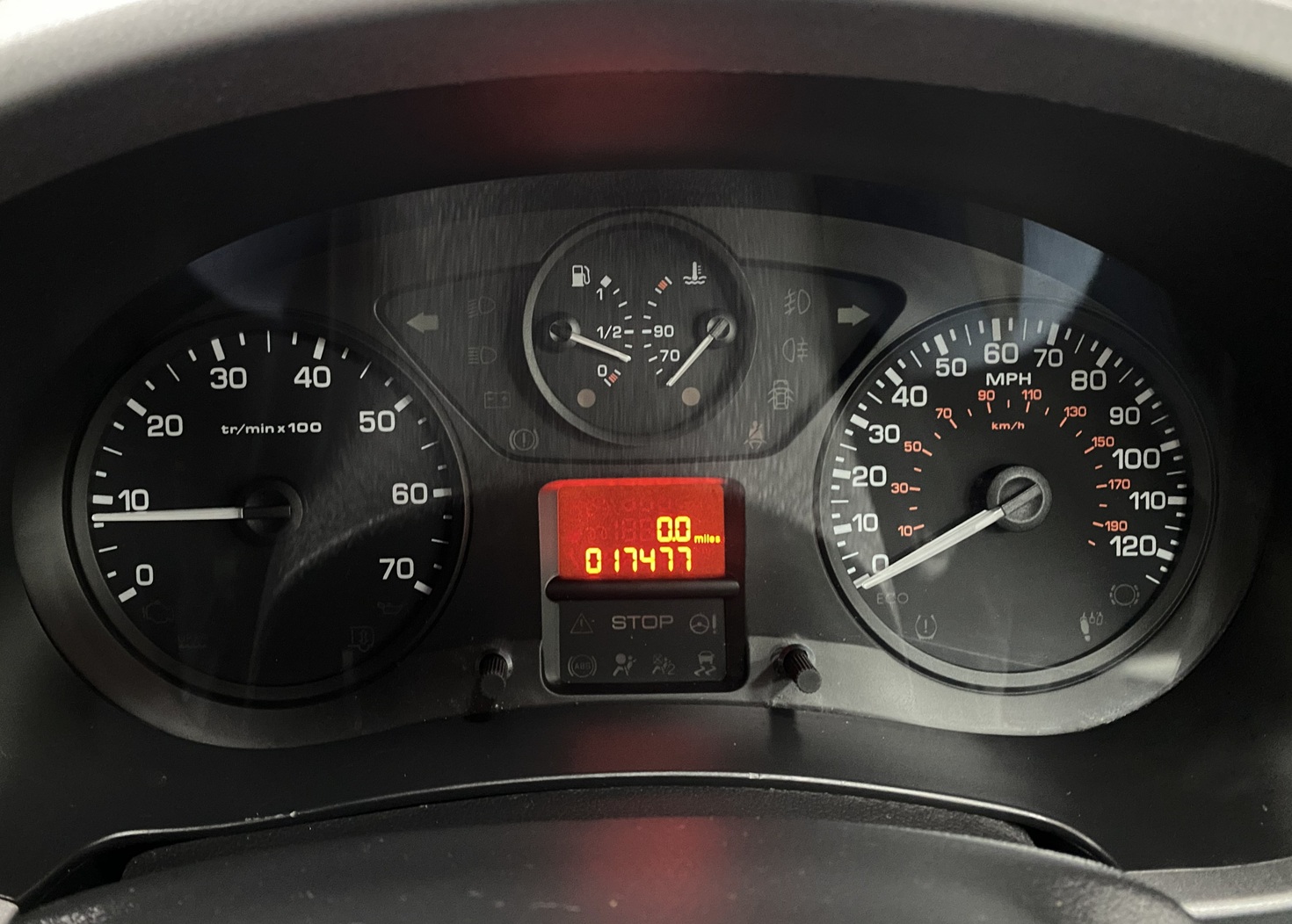 The speedo of a Citroen Berlingo wheelchair accessible vehicle showing the current mileage. NK68 AYF