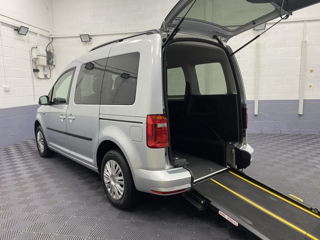 A silver Volkswagen Caddy Life wheelchair accessible vehicle WAV that is for sale at Michael Harraway Cars in Weston super Mare. HJ20 AXZ 11