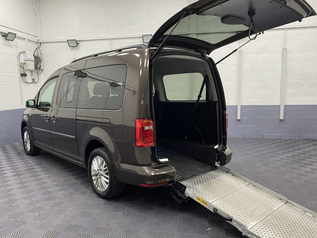 2021 Volkswagen Caddy Maxi wheelchair accessible vehicle with rear wheelchair ramp deployed NK21 CCA