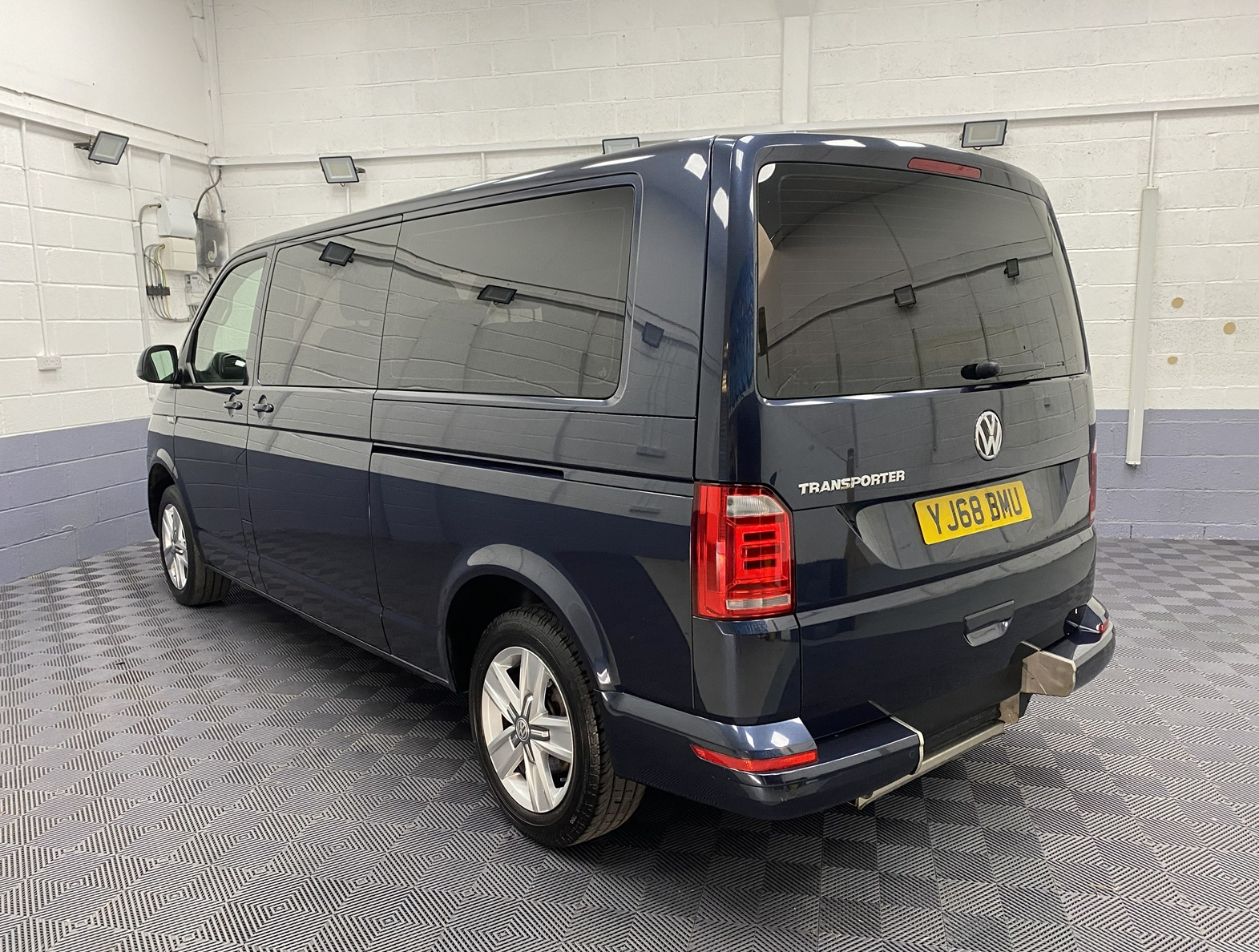 2018 Blue Volkswagen Transporter LWB wheelchair accessible vehicle rear three quarter view YJ68 BMU
