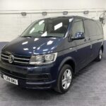 2018 Blue Volkswagen Transporter T6 LWB front three quarter view passenger side YJ68 BMU