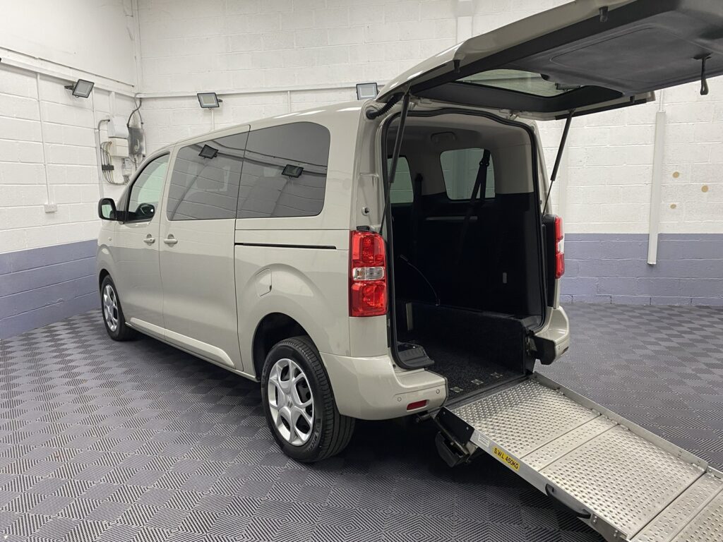 2022 Beige Citroen Space Tourer wheelchair accessible vehicle rear three quarter view with rear ramp deployed NK22 CVZ