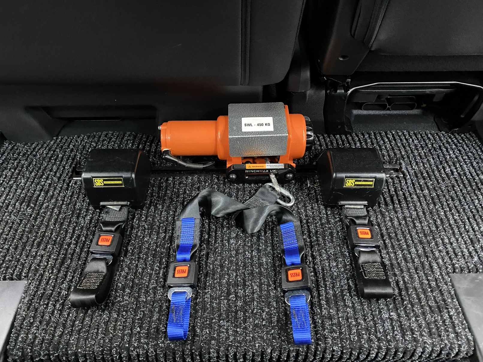 Winch and wheelchair front restraint straps fitted to 2022 Citroen Space Tourer wheelchair accessible vehicle NK22 CVZ