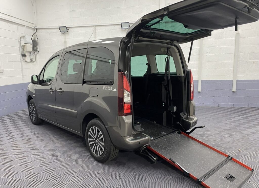 2019 Peugeot Partner Automatic wheelchair accessible vehicle rear three quarter view with rear ramp deployed SF19ACZ