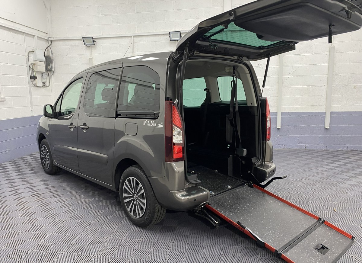 2019 Peugeot Partner Automatic wheelchair accessible vehicle rear three quarter view with rear ramp deployed SF19ACZ