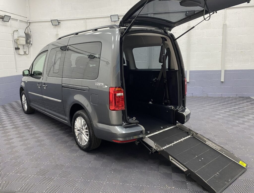 2020 Volkswagen Caddy Maxi Wheelchair Accessible Vehicle rear three quarter view and rear ramp deployed SD20UJZX