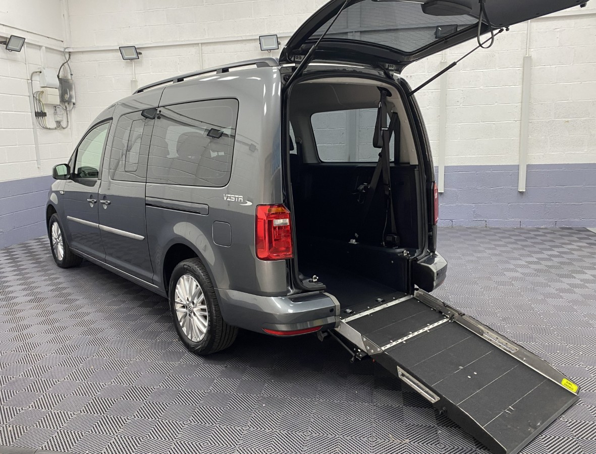 2020 Volkswagen Caddy Maxi Wheelchair Accessible Vehicle rear three quarter view and rear ramp deployed SD20UJZX