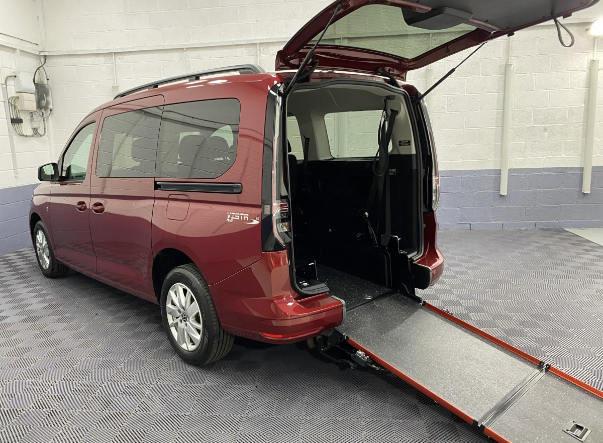 2023 Volkswagen Caddy Maxi Wheelchair Accessible Vehicle rear three quarter view with rear ramp deployed SJ23UDV