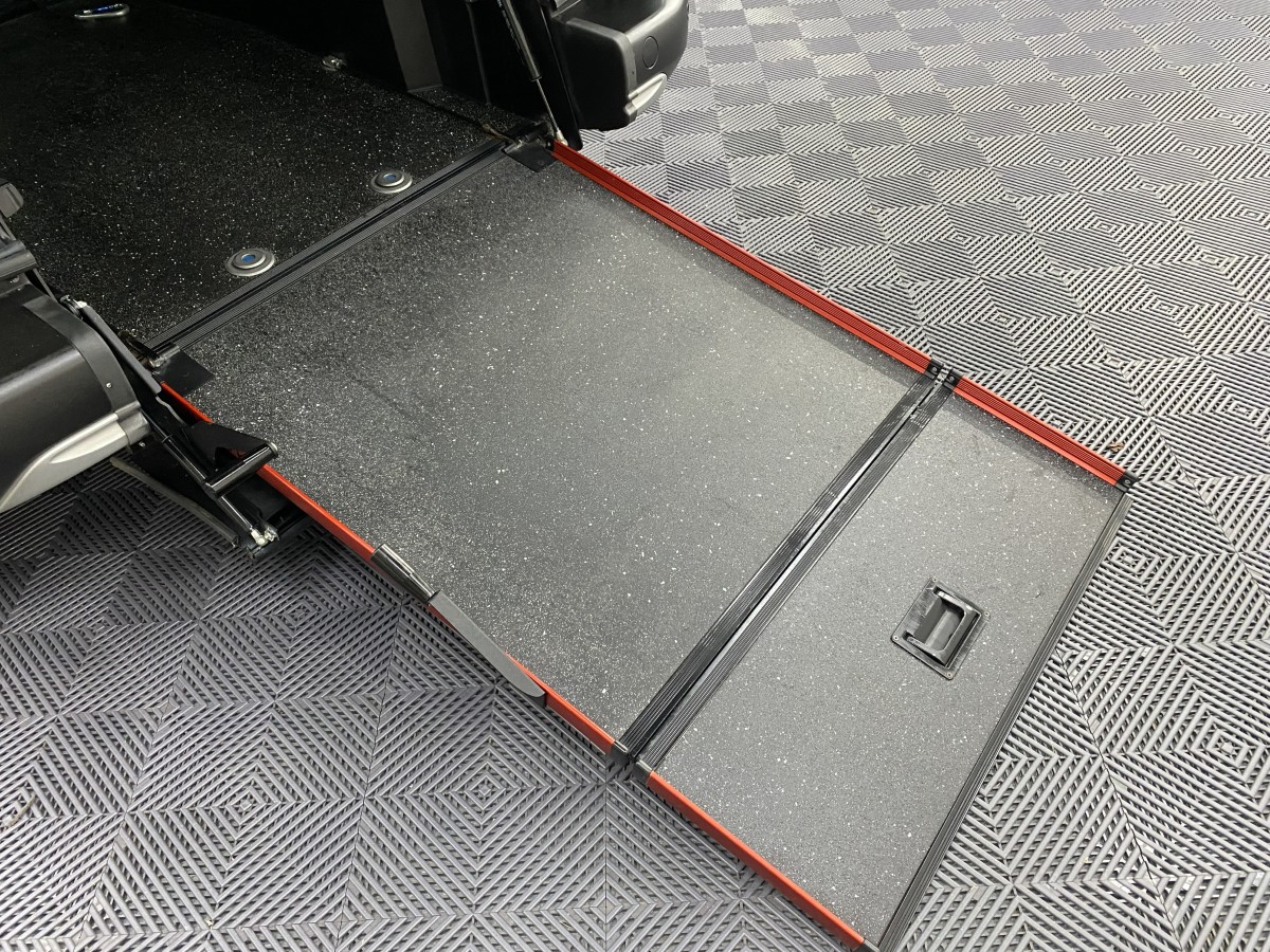 Rear wheelchair ramp in deployed position fitted to Peugeot Rifter Horizon wheelchair accessible vehicle SB21GJK