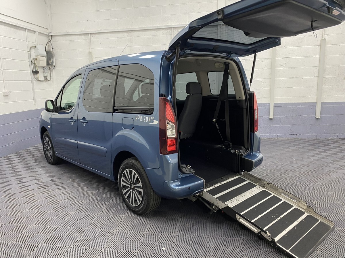 2014 Peugeot Partner wheelchair accessible vehicle rear three view with wheelchair ramp deployed SF64FNS