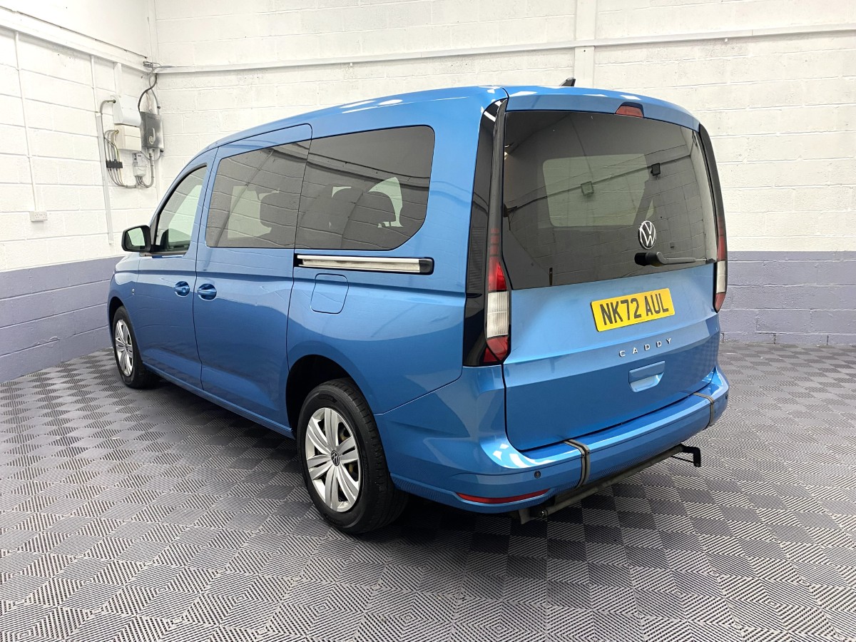 2022 Volkswagen Caddy Maxi Petrol wheelchair accessible vehicle rear three quarter view NK72AUL