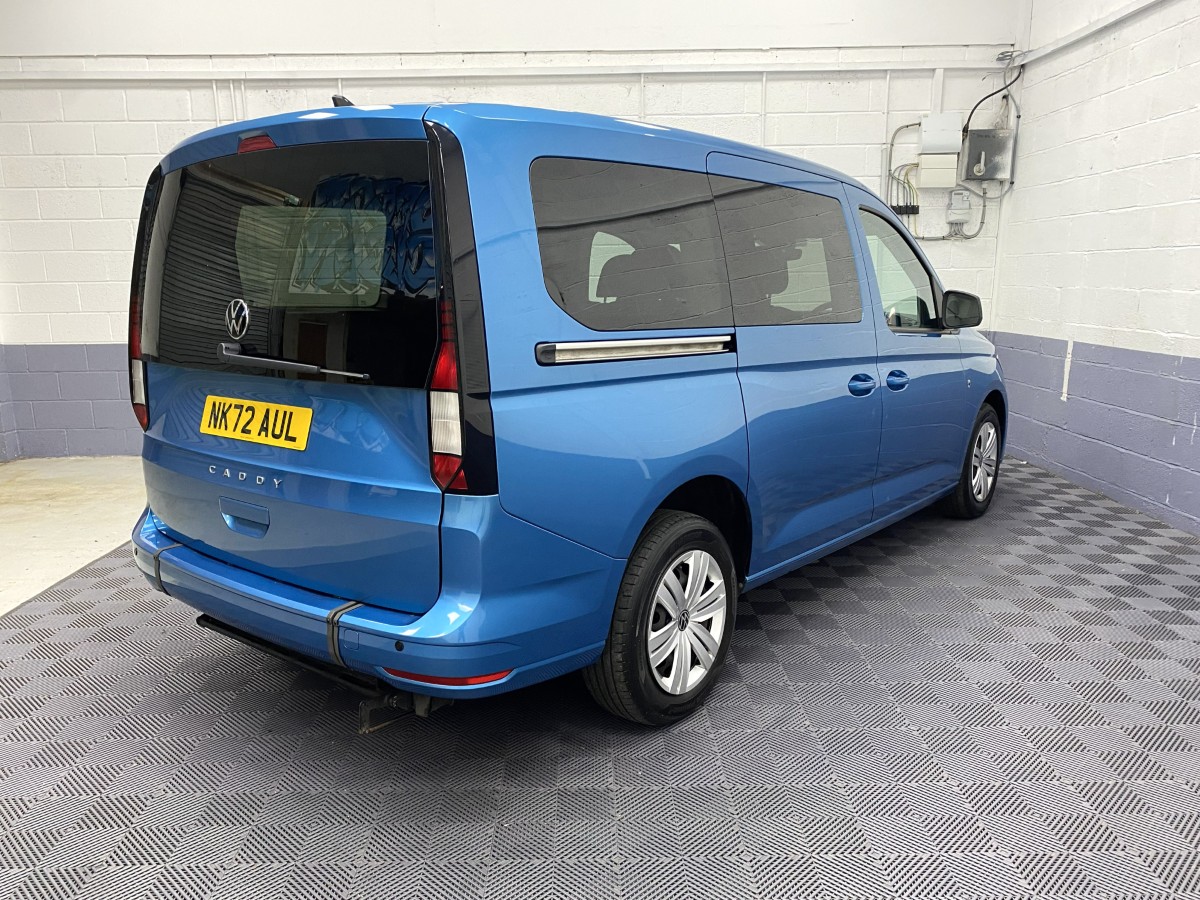 2022 Volkswagen Caddy Maxi Petrol wheelchair accessible vehicle rear three quarter view showing offside NK72AUL